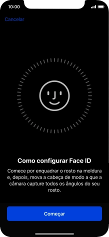 Prima Começar e siga as indicações no ecrã para estabelecer um código de reconhecimento facial (Face ID).