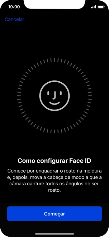 Prima Começar e siga as indicações no ecrã para estabelecer um código de reconhecimento facial (Face ID).
