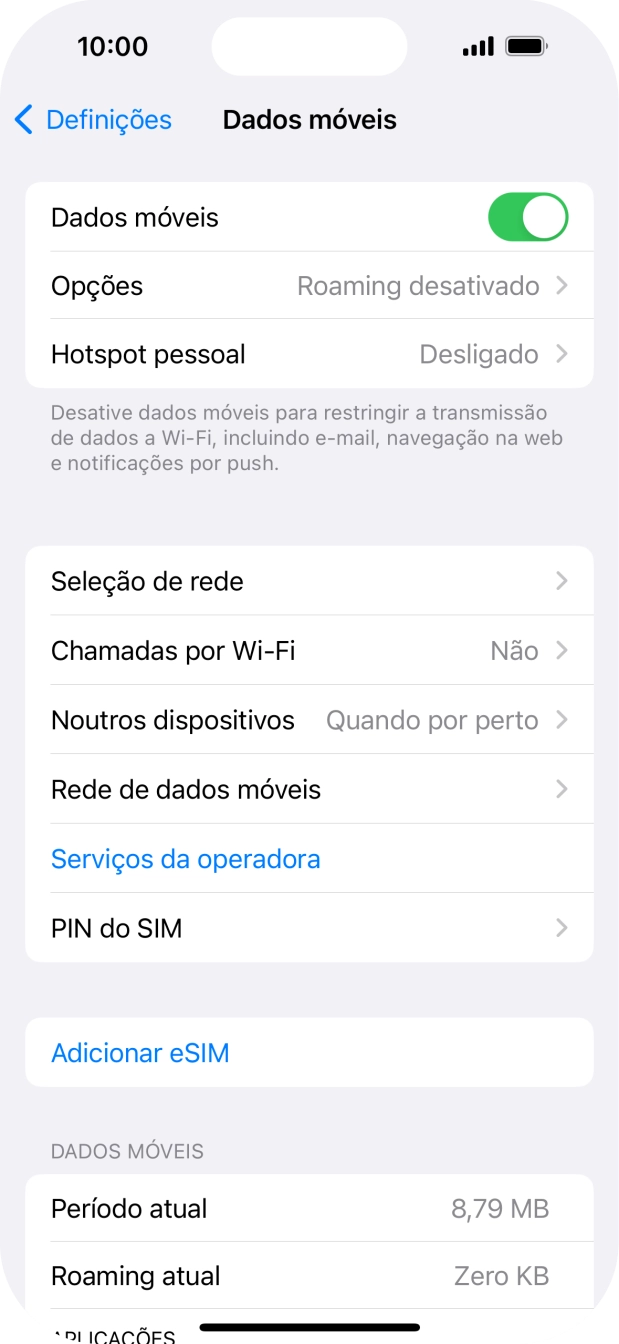 O consumo total de dados é mostrado junto a Período atual.