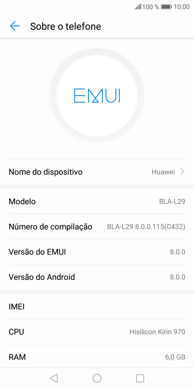 O código IMEI é mostrado no ecrã.
