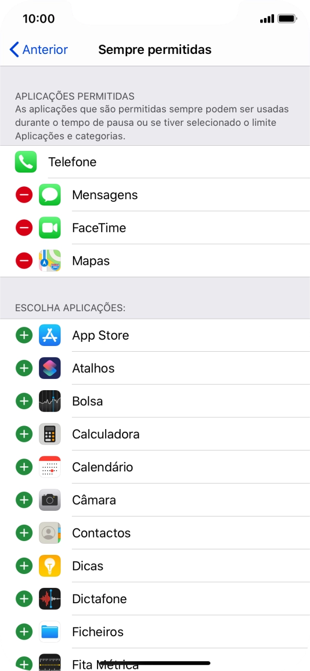 Prima o ícone para adicionar junto da app pretendida para a adicionar à lista de apps permitidas durante o Tempo de pausa.