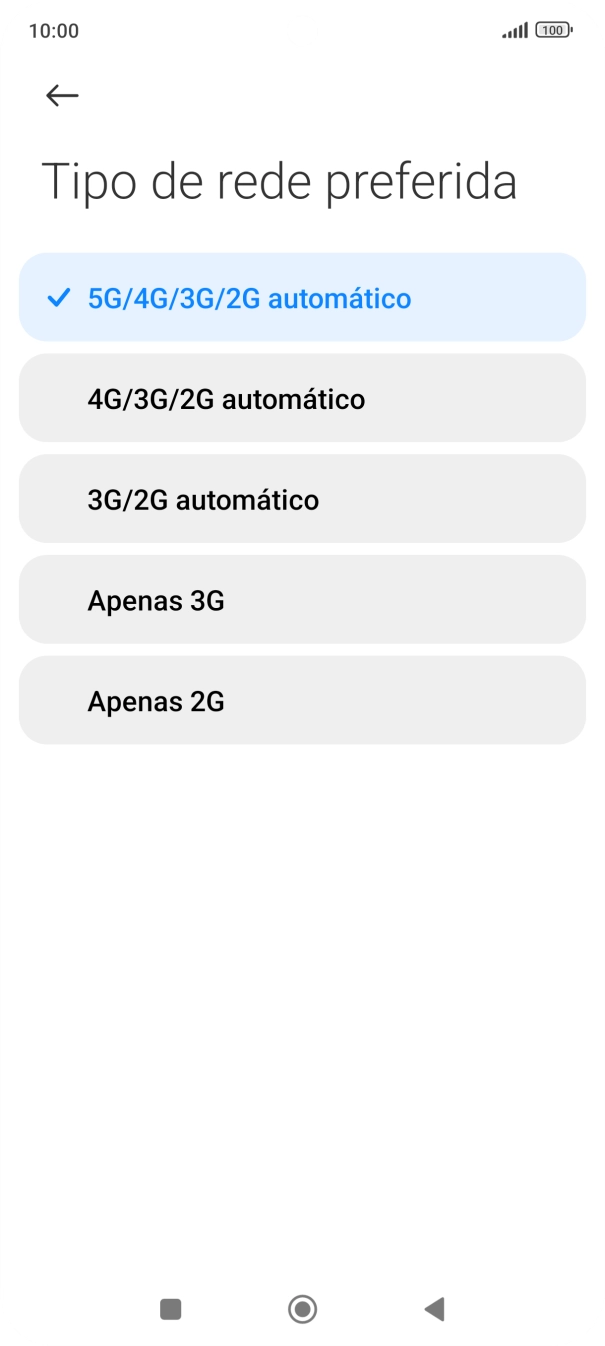 Prima o tipo de rede pretendido.