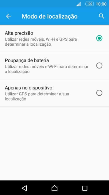 Se escolher Alta precisão, o telefone irá encontrar a sua localização precisa utilizando os satélites GPS, a rede móvel e as redes Wi-Fi  nas proximidades. A navegação por satélite GPS requer vista livre ao céu.