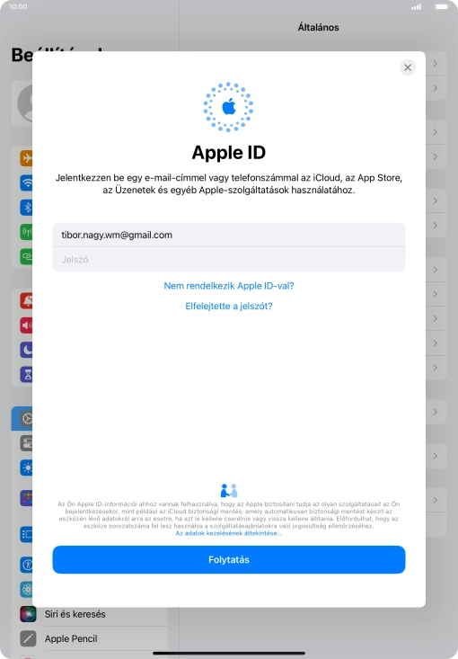 Kattints a Jelszó mezőre, és írd be az Apple ID-d jelszavát.