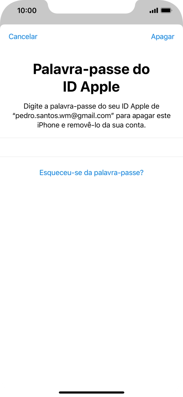 Introduza a password do ID Apple e prima Apagar. Aguarde um momento enquanto o telefone restabelece as definições originais. Siga as indicações no ecrã para configurar o telefone de modo que este fique pronto a ser utilizado.
