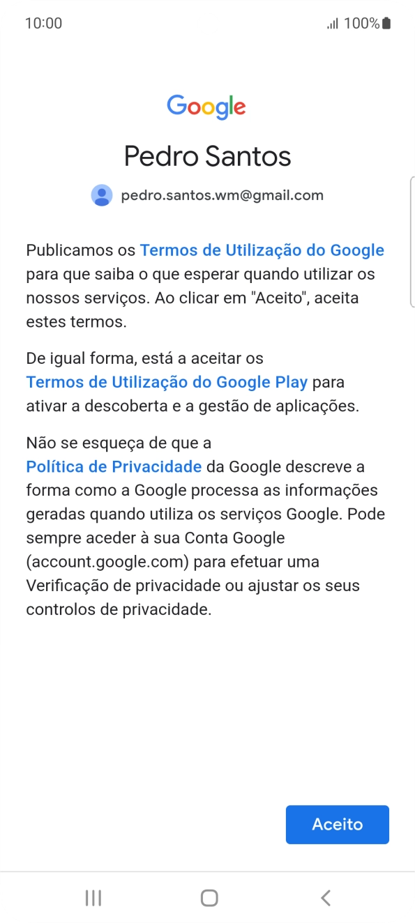 Prima Aceito e siga as indicações no ecrã para escolher as definições da conta Google.