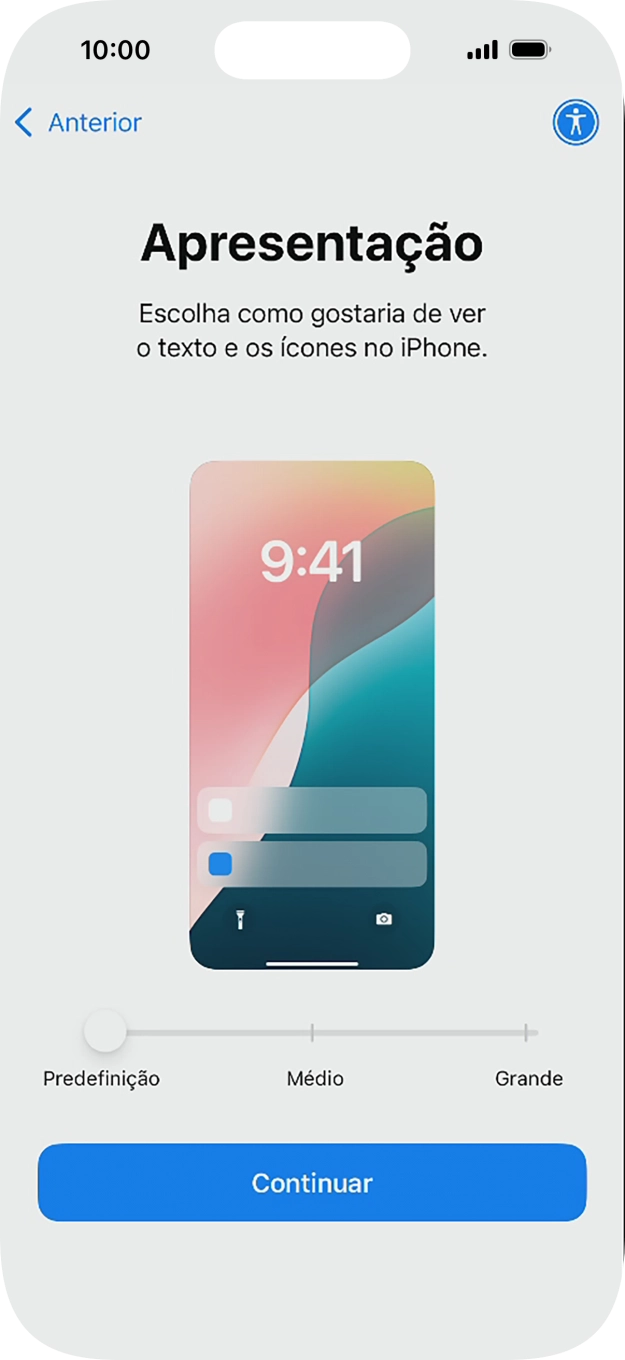 Escolha o tamanho pretendido para o texto e ícones no telefone e prima Continuar.
