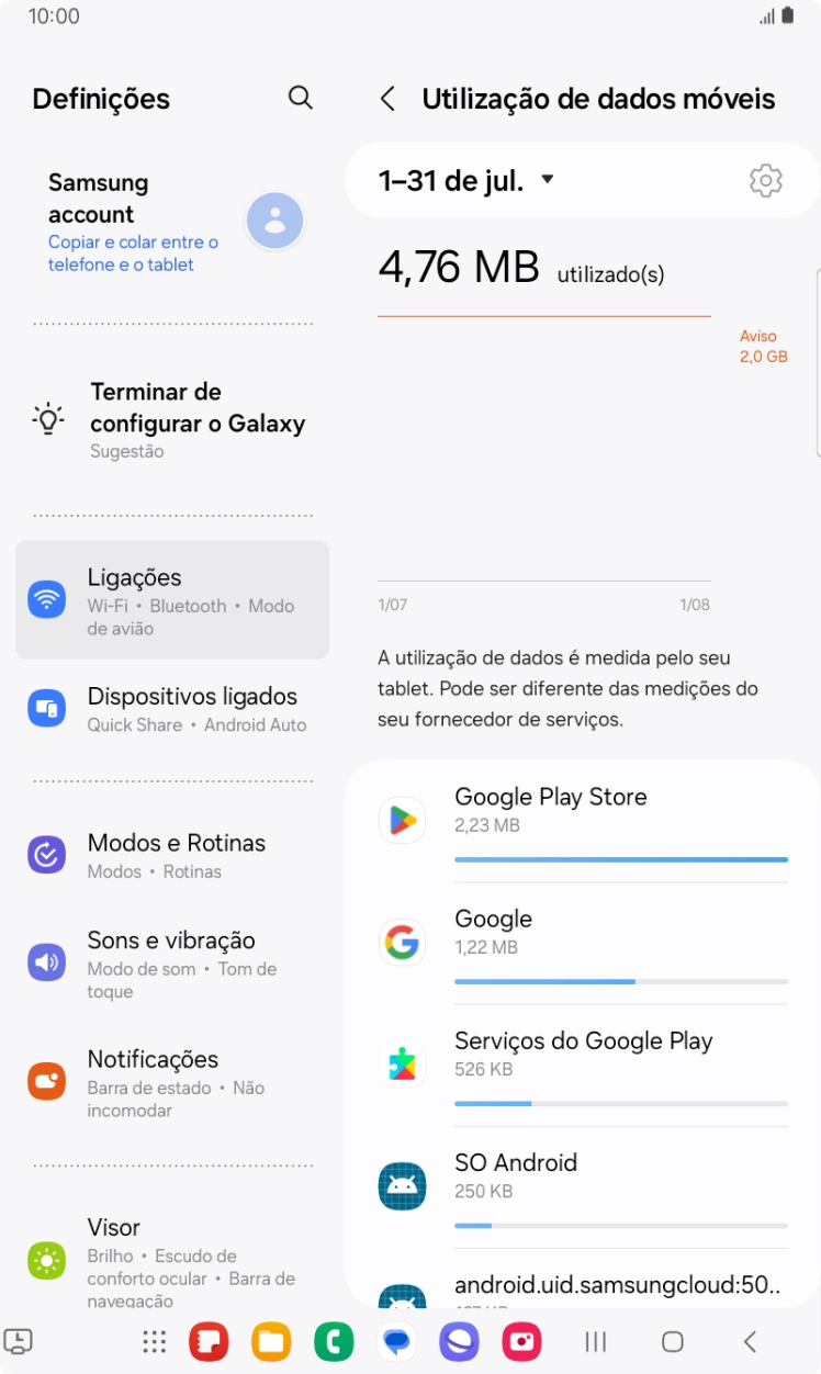 O consumo de dados de cada aplicação é mostrado sob o nome da aplicação.