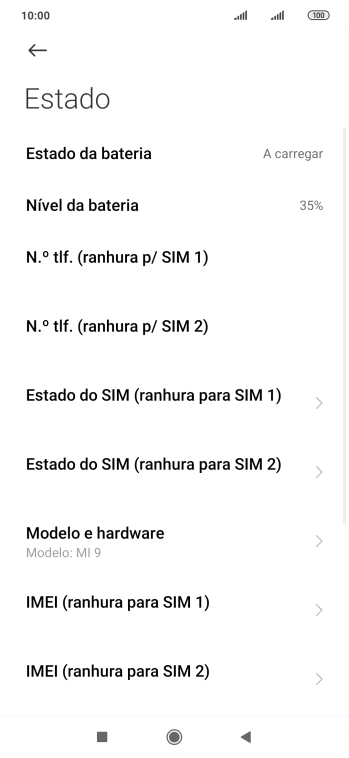 O código IMEI é mostrado no ecrã.