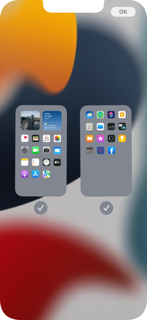 Prima os campos sob as páginas do ecrã inicial pretendidas, para ativar ou desativar a exibição de páginas.