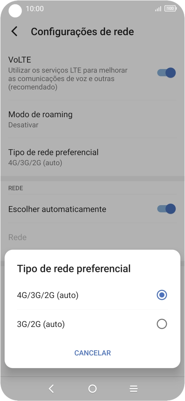 Prima o tipo de rede pretendido.