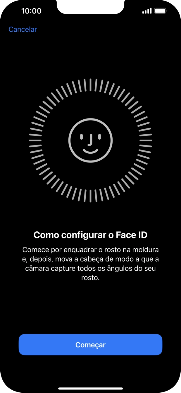 Prima Começar e siga as indicações no ecrã para estabelecer um código de reconhecimento facial (Face ID).