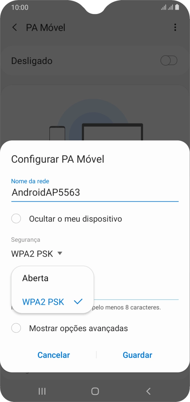 Prima WPA2 PSK para proteger o hotspot Wi-Fi com uma password.