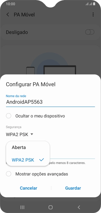 Prima WPA2 PSK para proteger o hotspot Wi-Fi com uma password.