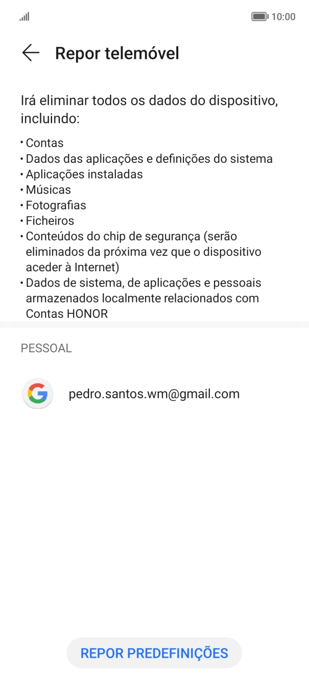 Prima REPOR PREDEFINIÇÕES.