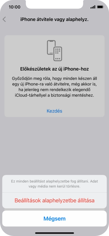 Válaszd a Beállítások alaphelyzetbe állítása lehetőséget. Várj egy kicsit, amíg a telefon visszaállítja a gyári beállításokat. A telefon konfigurálásához és ahhoz, hogy üzemkész állapotba hozd, kövesd a képernyőn megjelenő utasításokat.
