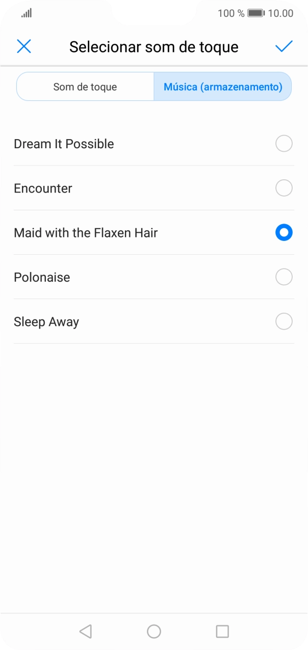 Quando tiver encontrado o tom de toque que pretende, prima o ícone para aceitar.