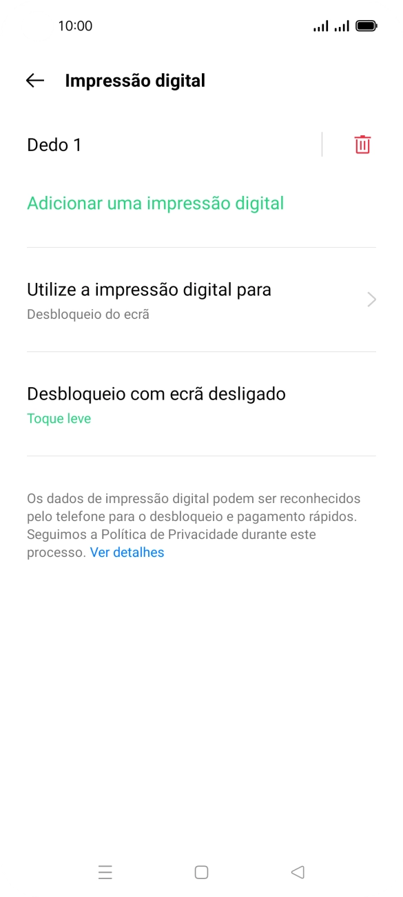 Prima o ícone de apagar  junto à impressão digital pretendida.