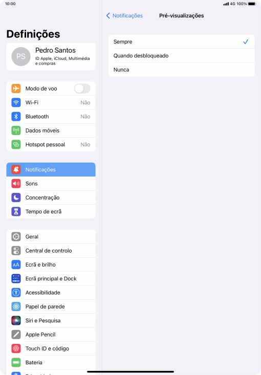 Para escolher a pré-visualização de notificações no ecrã bloqueado, prima Sempre.