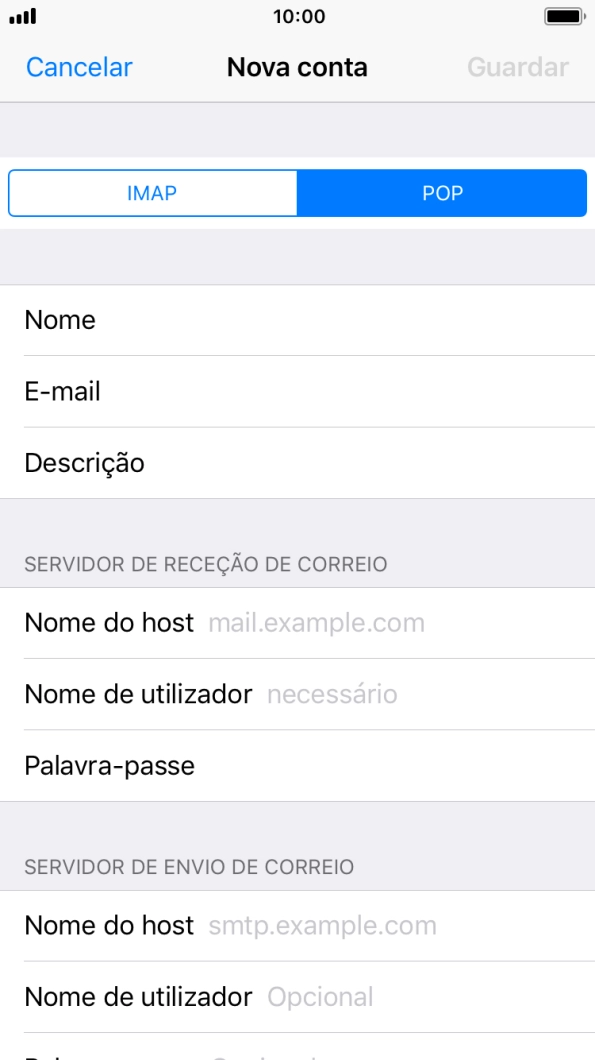 Prima Nome do host e introduza o nome do servidor de receção do fornecedor de e-mail.