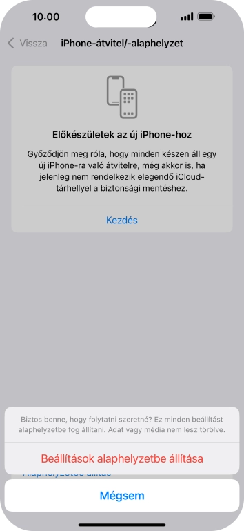 Válaszd a Beállítások alaphelyzetbe állítása lehetőséget. Várj egy kicsit, amíg a telefon visszaállítja a gyári beállításokat. A telefon konfigurálásához és ahhoz, hogy üzemkész állapotba hozd, kövesd a képernyőn megjelenő utasításokat.