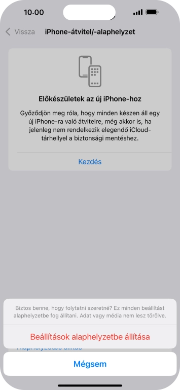 Válaszd a Beállítások alaphelyzetbe állítása lehetőséget. Várj egy kicsit, amíg a telefon visszaállítja a gyári beállításokat. A telefon konfigurálásához és ahhoz, hogy üzemkész állapotba hozd, kövesd a képernyőn megjelenő utasításokat.