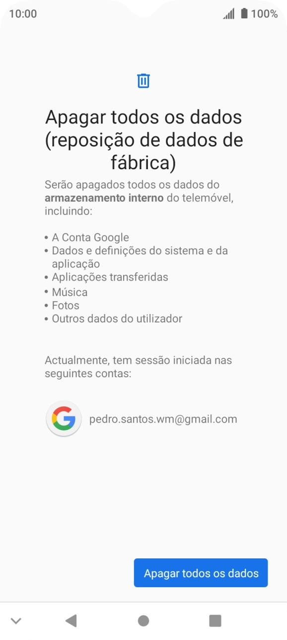 Prima Apagar todos os dados.