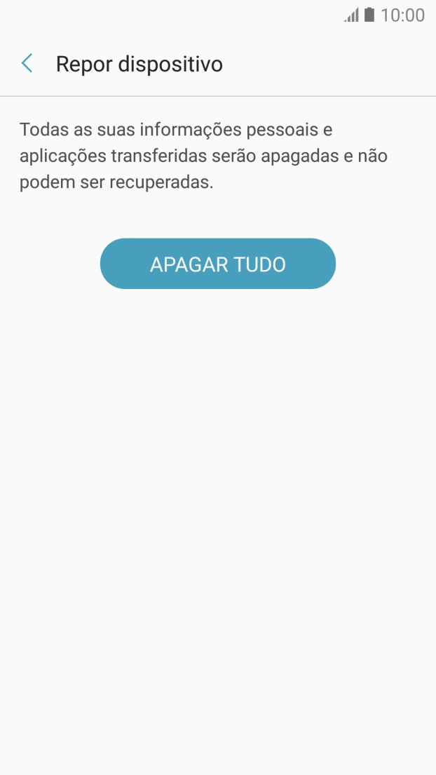 Prima APAGAR TUDO. Aguarde um momento enquanto o telefone restabelece as definições originais. Siga as indicações no ecrã para configurar o telefone de modo que este fique pronto a ser utilizado.