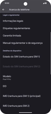 O código IMEI é mostrado no ecrã.