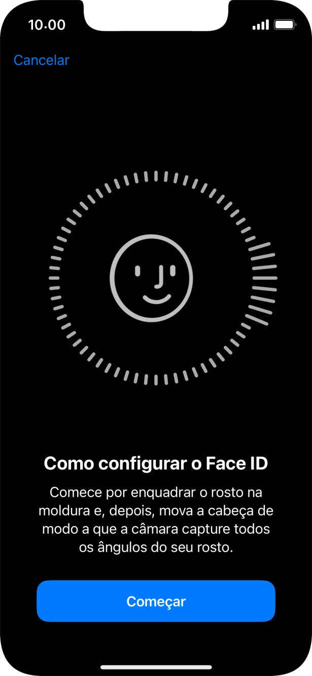 Prima Começar e siga as indicações no ecrã para estabelecer um código de reconhecimento facial (Face ID).
