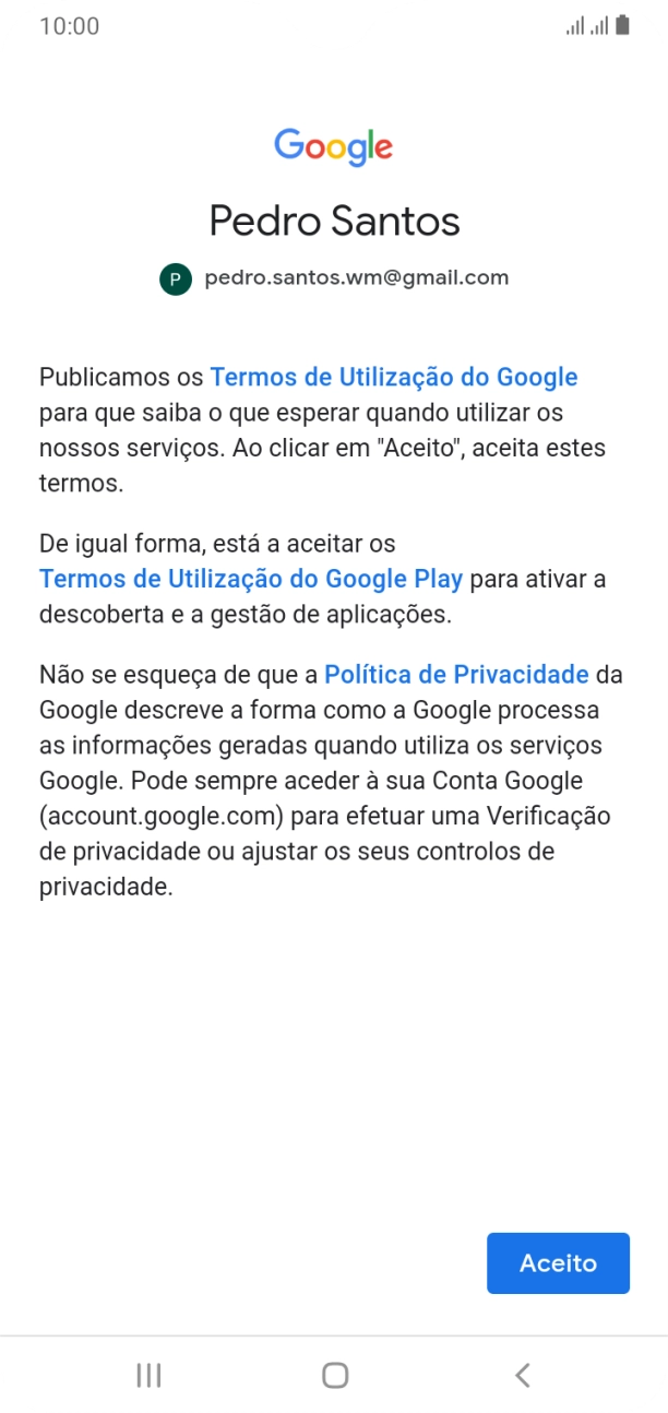 Prima Aceito e siga as indicações no ecrã para escolher as definições da conta Google.