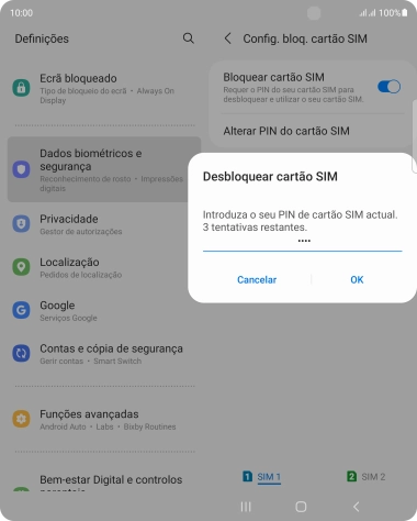 Introduza o seu código PIN e prima OK.