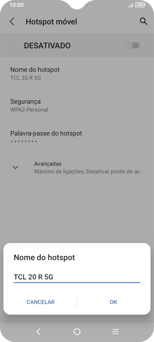 Introduza o nome pretendido do hotspot Wi-Fi e prima OK.
