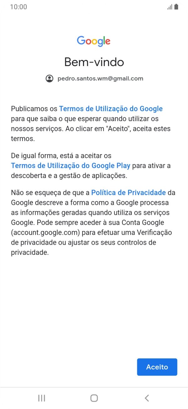 Prima Aceito e siga as indicações no ecrã para escolher as definições da conta Google.