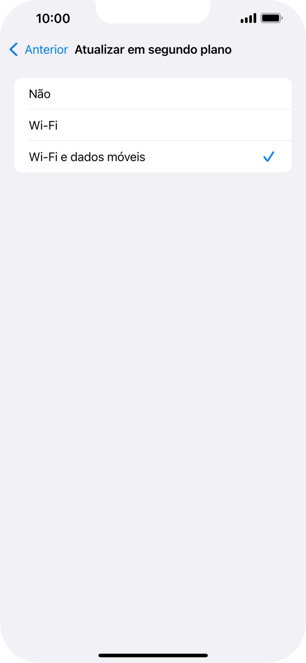 Para desativar a atualização de apps em segundo plano, prima Não.