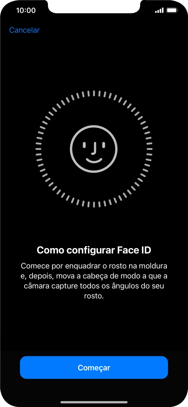 Prima Começar e siga as indicações no ecrã para estabelecer um código de reconhecimento facial (Face ID).