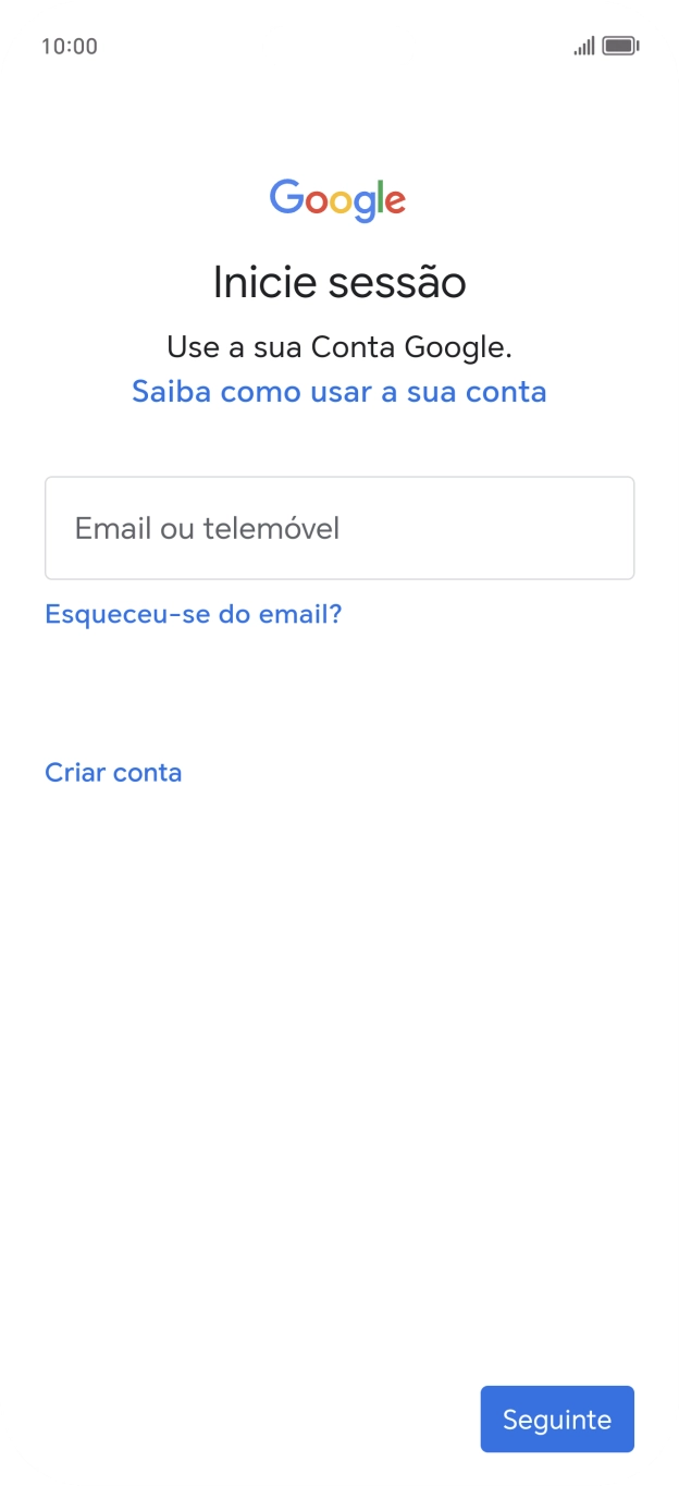 Se não tiver uma conta Google, prima Criar conta e siga as indicações no ecrã para criar uma conta.