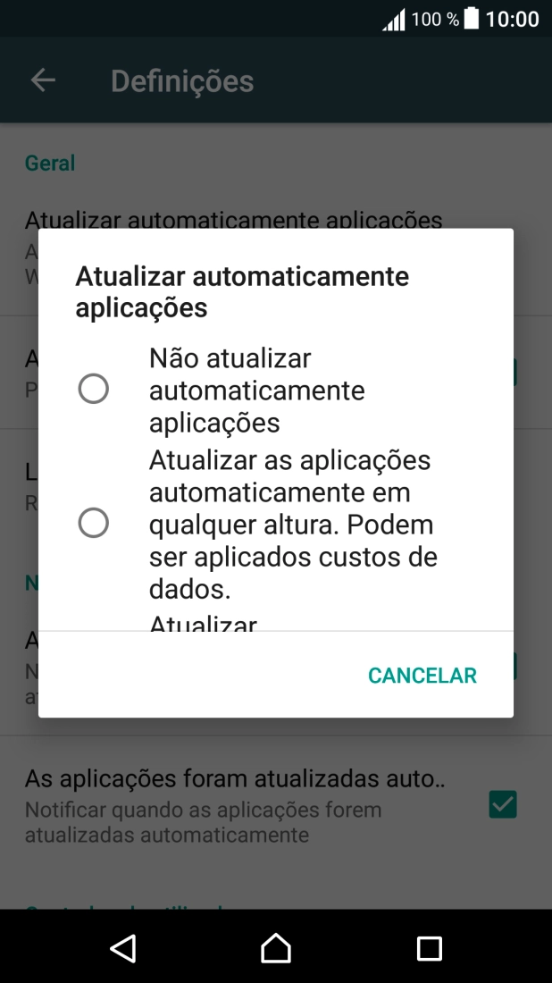 Prima Não atualizar automaticamente aplicações para desativar a função.