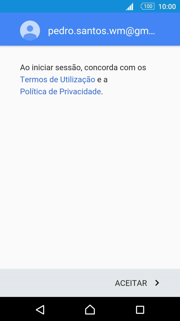 Prima ACEITAR e siga as indicações no ecrã para escolher as definições da conta Google.