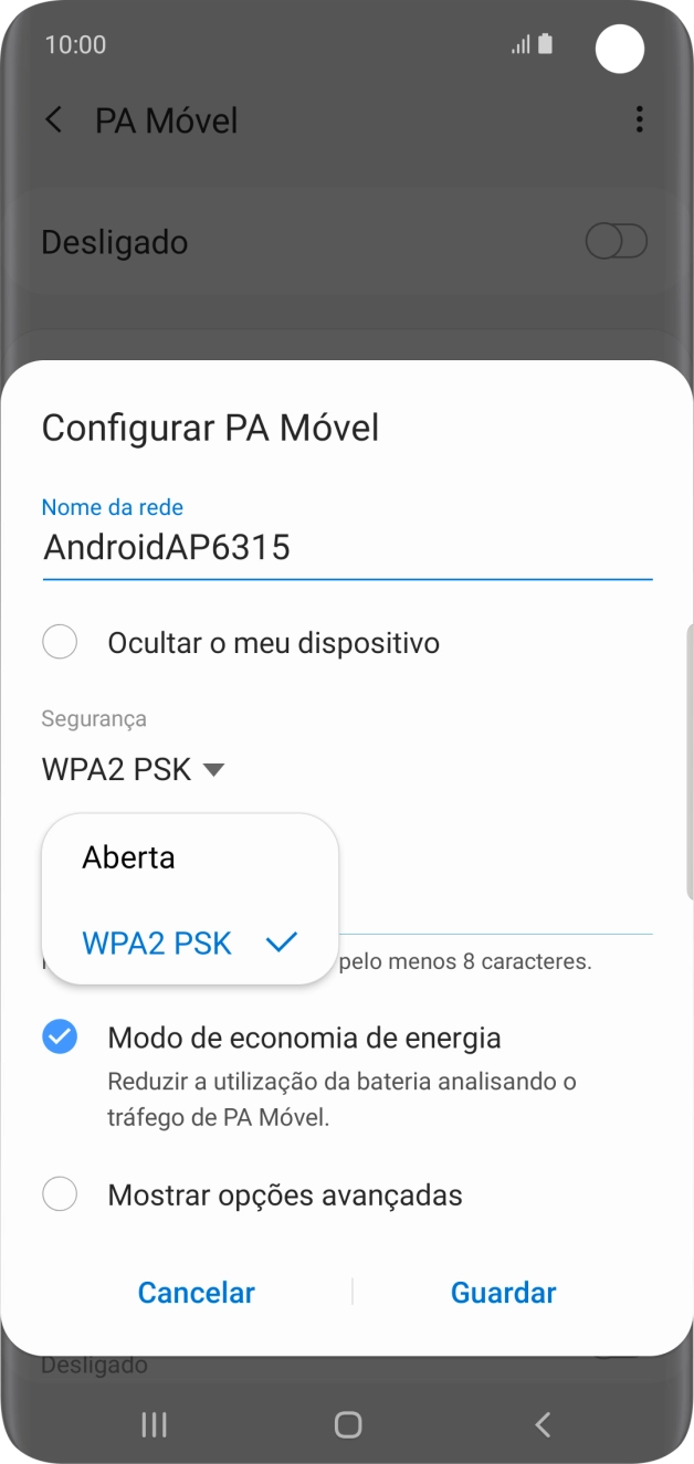 Prima WPA2 PSK para proteger o hotspot Wi-Fi com uma password.