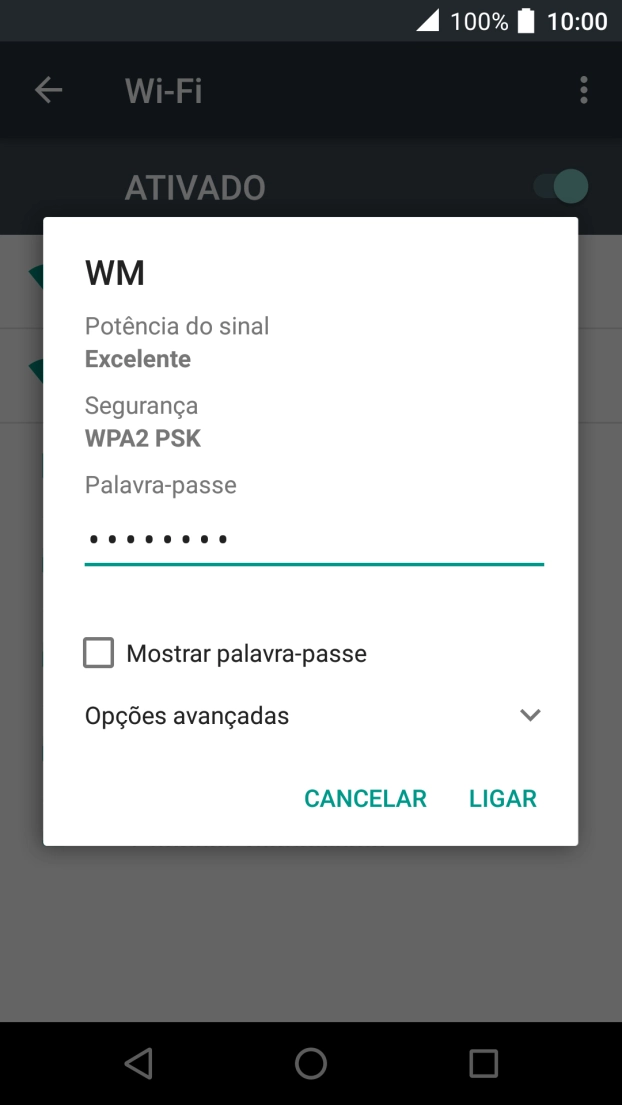 Introduza a password da rede Wi-Fi e prima LIGAR.