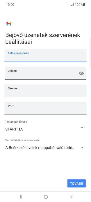 Kattints a „Szerver” alatti mezőre, és írd be az e-mail szolgáltatód bejövő szerverének a nevét.