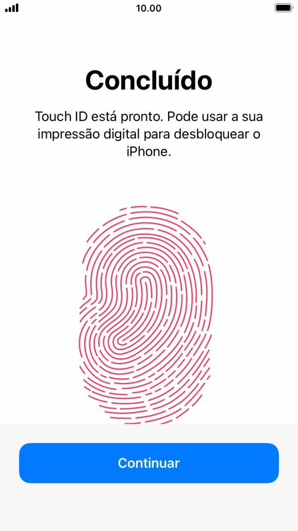 Prima Continuar. Se ainda não tiver escolhido um código de bloqueio do telefone, introduza um código à escolha duas vezes de seguida.