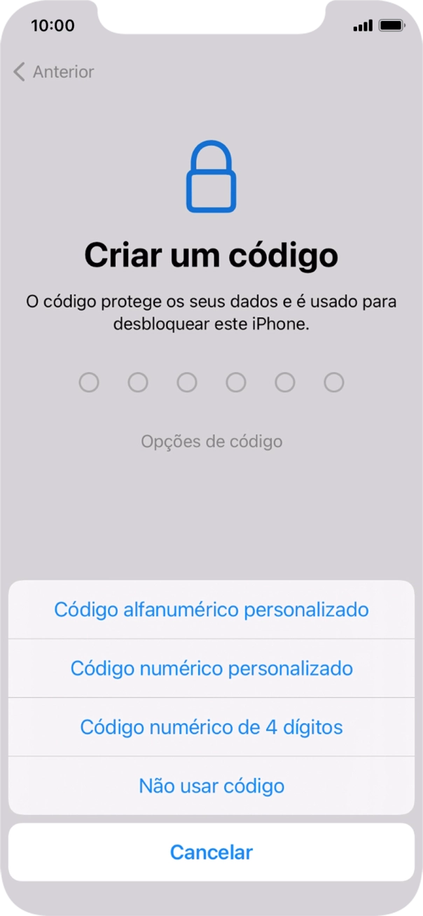 Siga as indicações no ecrã para ativar a utilização do código de bloqueio do telefone ou prima Não usar código.