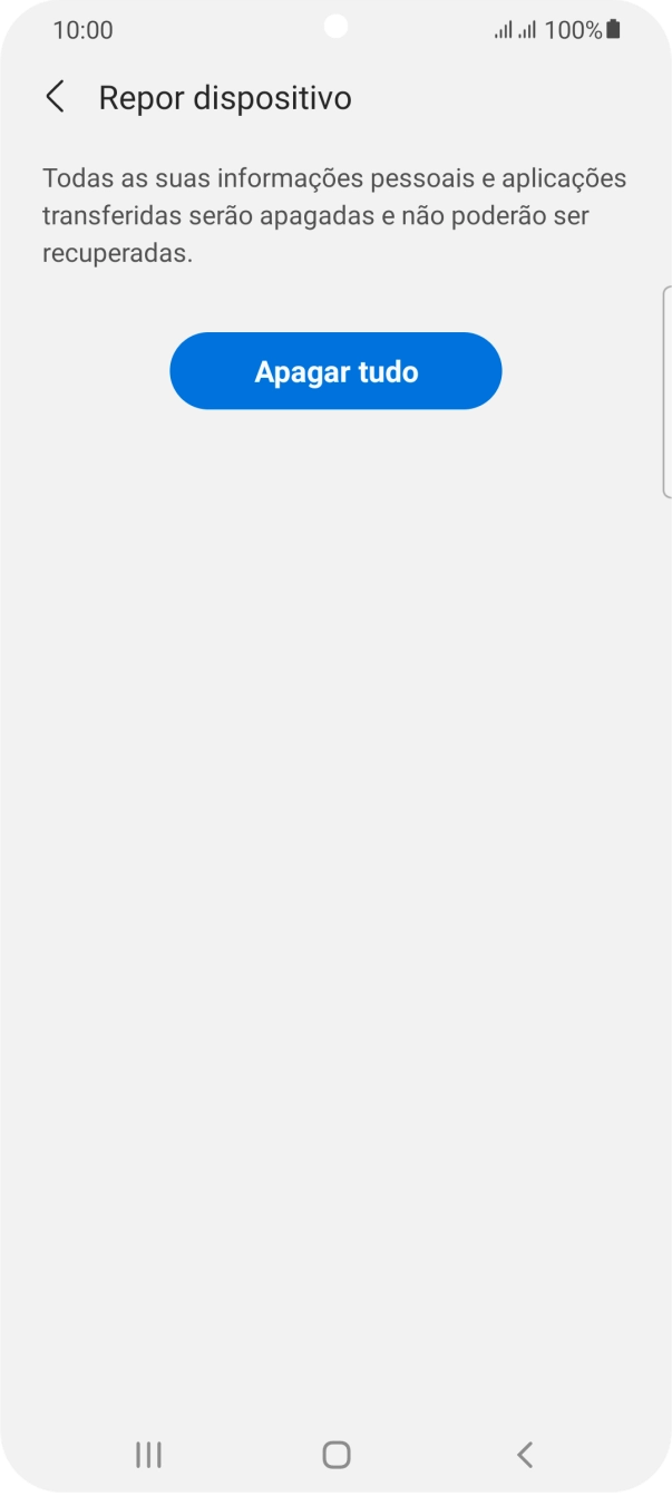 Prima Apagar tudo. Aguarde um momento enquanto o telefone restabelece as definições originais. Siga as indicações no ecrã para configurar o telefone de modo que este fique pronto a ser utilizado.