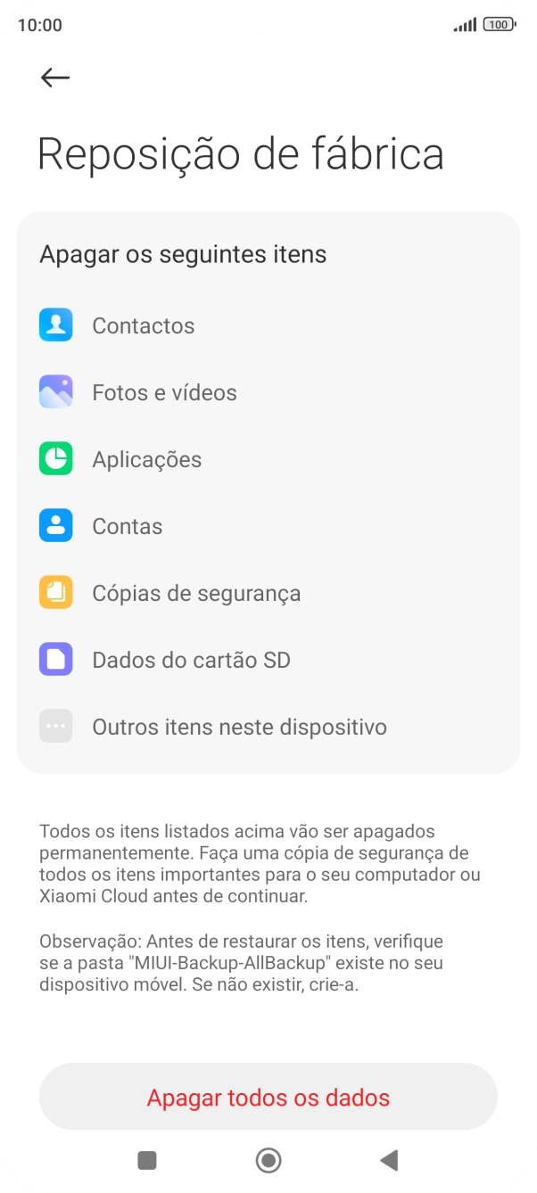 Prima Apagar todos os dados.