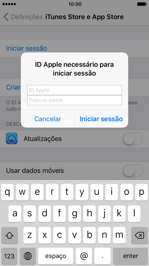 Prima ID Apple e introduza o nome de utilizador do seu ID Apple.