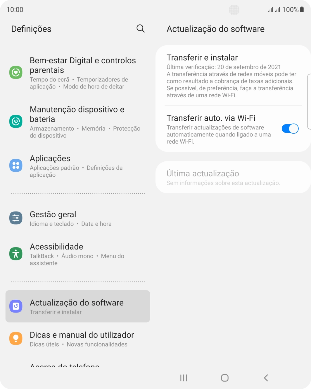 Prima Transferir e instalar. Se existir uma nova versão de software disponível, será agora indicado no ecrã. Siga as indicações no ecrã para atualizar o software do telefone.