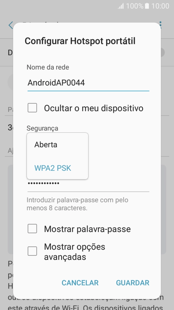 Prima WPA2 PSK para proteger o hotspot Wi-Fi com uma password.