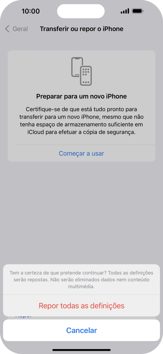 Prima Repor todas as definições. Aguarde um momento enquanto o telefone restabelece as definições originais. Siga as indicações no ecrã para configurar o telefone de modo que este fique pronto a ser utilizado.